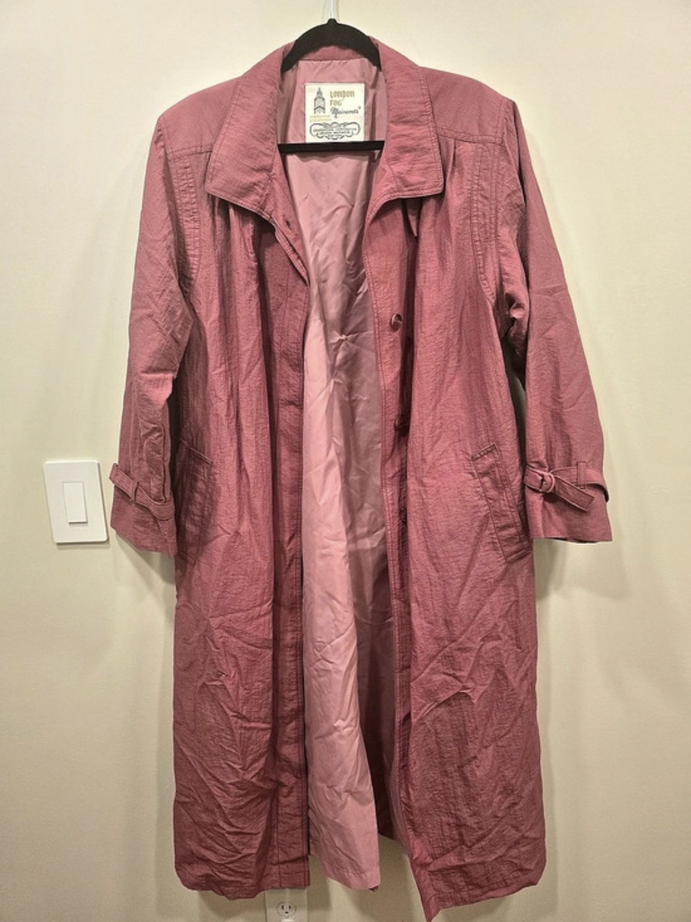 VTG 80s London Fog Maincoats Trench Coat Pink Jacquard Textures Belted Womens 14